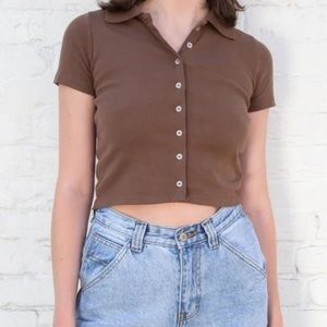 BrandyMelville Womens Brown Caroline Short Sleeve Button Front Collared Top OS